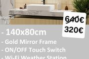 LED Bathroom Mirror Fog Free Gold 140x80cm Makeup Vanity Cosmetic Wi-Fi Weather Station Touch Switch
