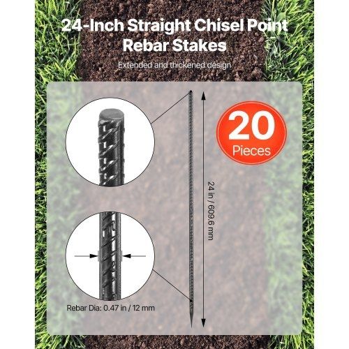 Rebar Stakes, 609,6 mm / 24-Inch, Heavy-Duty 0.47 in Diameter, Straight Galvanized Steel Ground Anchors with Chisel Point End & Rust-Resistant Coating, for Gardening Support, Fence, Camping Tents (20-Pack)