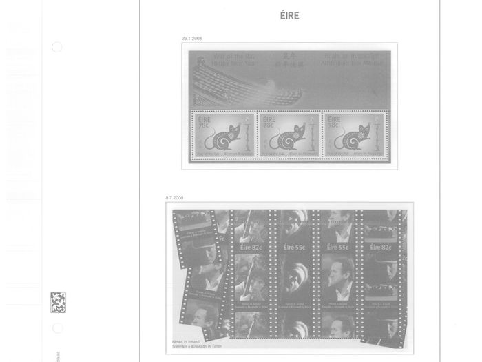 2008 Ireland Davo Supplement Stamp Pages. Includes Pages 148, 149, 150, 151, 151a (Christmas Booklet) and B45, B46 & B47 (Miniature) Sheets Pages include illustrations of stamps and mounts