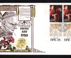 1980 Ireland Anniversaries: Birth Centenary of Sean O'Casey. Irish Art (Gold Painting No 57) Patrick Scott Commemorative Stamps Pairs Illustrated Hibernian First Day Cover (FDC)