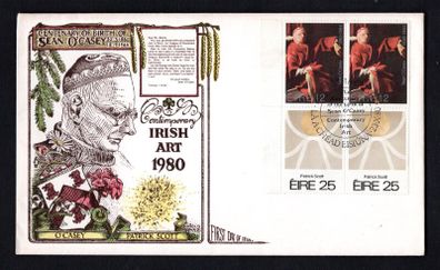 1980 Ireland Anniversaries: Birth Centenary of Sean O'Casey. Irish Art (Gold Painting No 57) Patrick Scott Commemorative Stamps Pairs Illustrated Hibernian First Day Cover (FDC)