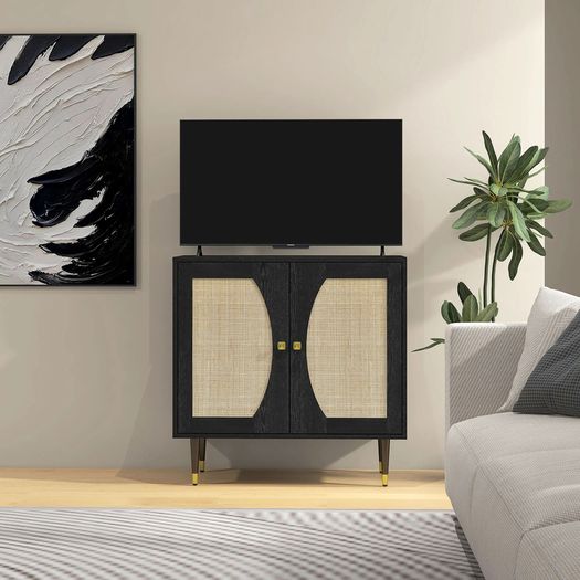 Bohemian kitchen sideboard storage cabinet, double doors with 2 shelves, rattan front, 80 x 38 x 79 cm, black