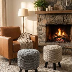 Handmade Chunky Knit Pouf with Wooden Legs Scandi / Boho Style