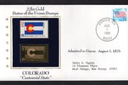 1988 USA Colorado "Centennial State" 22kt Gold Replica of the 1976 United States Flag Stamps showing 25c US flag definitive tied Denver, Colorado (state capital) illustrated cover