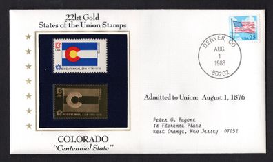 1988 USA Colorado "Centennial State" 22kt Gold Replica of the 1976 United States Flag Stamps showing 25c US flag definitive tied Denver, Colorado (state capital) illustrated cover