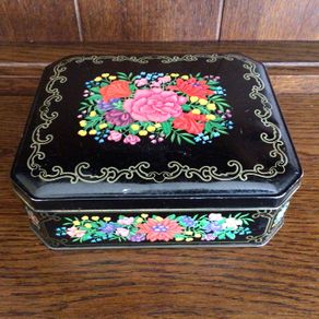 Vintage Pretty Black floral Tin M&S 1985