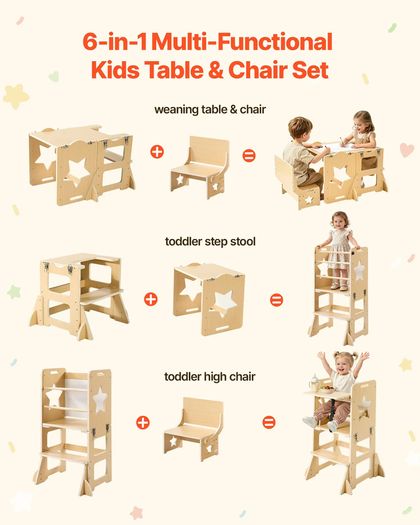 Toddler Tower, Wooden, 6 in 1 Kitchen Step Stool for Kids 1-5, Montessori Weaning Table and Chair Set