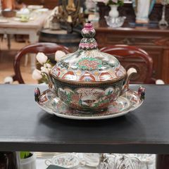 Japanese Kutani / Satsuma-Style Lidded Bowl with Tray