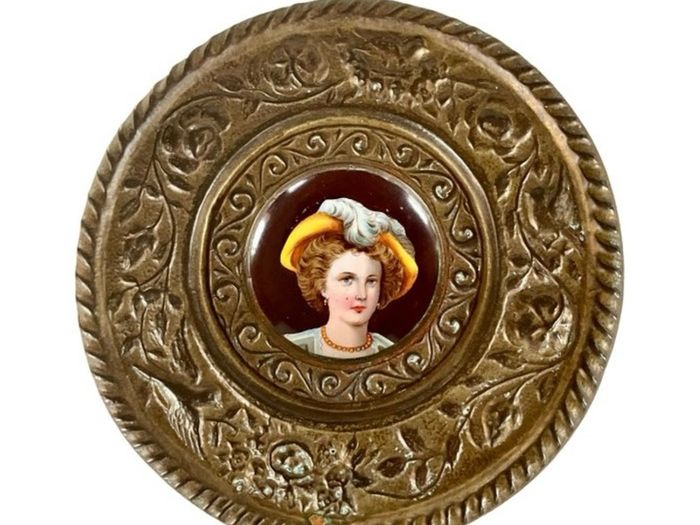Set of 4 Antique French Brass/Hand-Painted Porcelain Wall Plaques