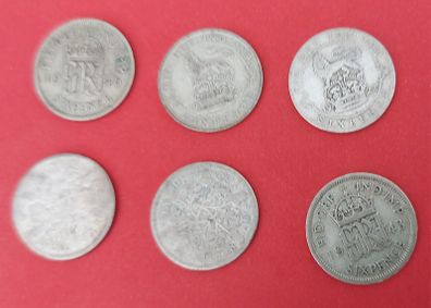 England 6 X 1920's 50% Silver Sixpence Coins