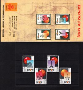 1989 Spain EXPO `92, Sevilla (issue 4) Commemorative Stamps Mint Never Hinged (MNH) with marketing pamphlet
