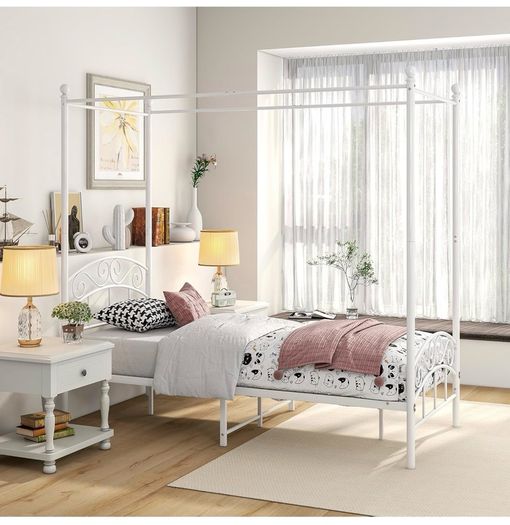 Canopy Bed Frame 3ft Single Size with Ornate European Style Headboard & Footboard