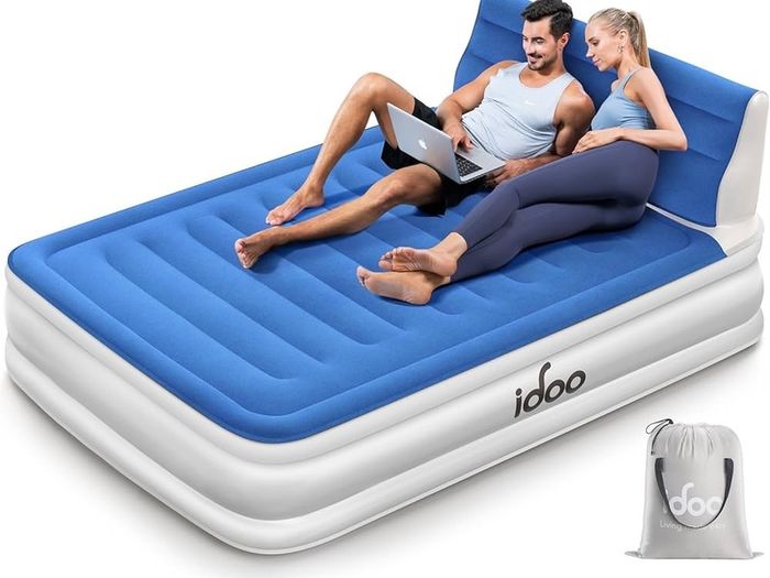NEW SALE | Air Bed with Headboard, Double Size Inflatable Mattress with Built-in Electric Pump, Comfort Blow Up Bed, Self-inflating Guest Air Mattress