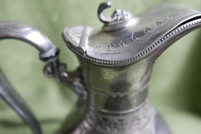 Antique Lidded Jug, Antique Silver Plate, Engraved Foliate and Scroll Designs Jug.