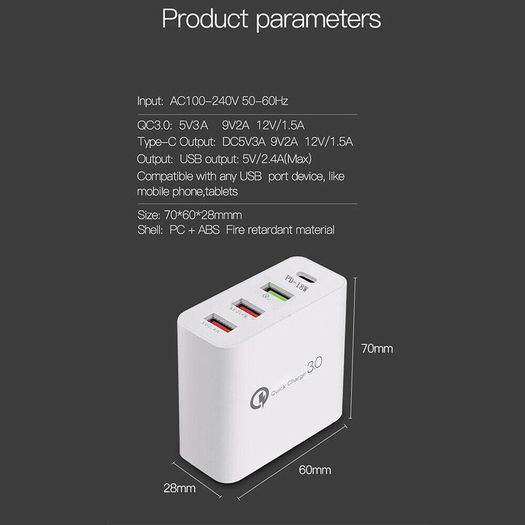 QC 3.0 & PD USB 4 Ports Wall Fast Charger 48W [2 Power Plugs (US/UK)] (Brand New/Warranty)