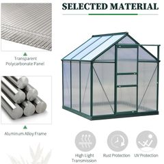 New. Polycarbonate Greenhouse Large Walk-In Green House Garden Plants Grow Galvanized Base Aluminium Frame w/ Slide Door (6 x 6ft)  (Free Delivery)