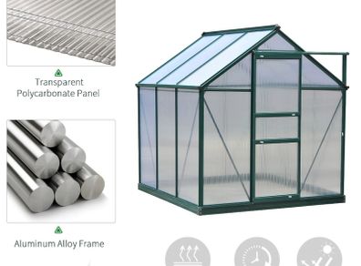 New. Polycarbonate Greenhouse Large Walk-In Green House Garden Plants Grow Galvanized Base Aluminium Frame w/ Slide Door (6 x 6ft)  (Free Delivery)