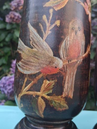Stunning Pair Of Hand Painted Art Nouveau Hardwood  Candlesticks 12"