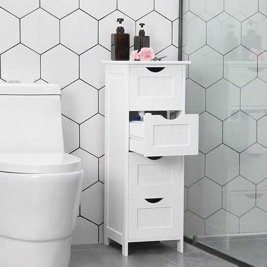 Bathroom cabinet, narrow wooden bathroom cabinet with 4 drawers, 30 x 30 x 82 cm, living room, bedroom, hallway, deep, free-standing, space-saving, white