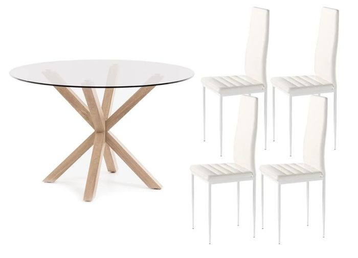 Round Glass Dining Table Set with 4 Faux Leather Chairs Black or White