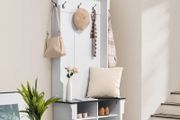 Wooden Hall Tree with Bench and Shoe Storage, White Hall Tree with Coat Rack, Adjustable Shelves and 5 Hanging Hooks