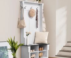 Wooden Hall Tree with Bench and Shoe Storage, White Hall Tree with Coat Rack, Adjustable Shelves and 5 Hanging Hooks