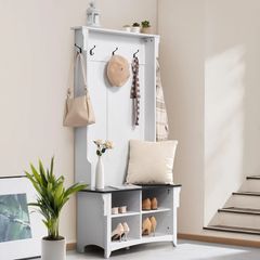 Wooden Hall Tree with Bench and Shoe Storage, White Hall Tree with Coat Rack, Adjustable Shelves and 5 Hanging Hooks