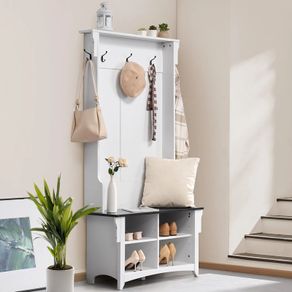 Wooden Hall Tree with Bench and Shoe Storage, White Hall Tree with Coat Rack, Adjustable Shelves and 5 Hanging Hooks
