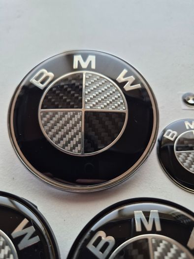Full set of BMW black carbon fibre caps/badges (E Series) FREE POST
