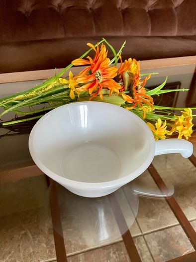 Vintage Mid Century Anchor Hocking Fire King Ovenproof Milk Glass Bowl with Handle 1960 1970s