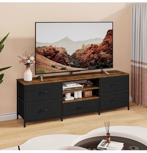 TV Stand Cabinet, TV Unit with 5 Drawers, 140 cm, Black TV Console Table with Storage Organizers, Entertainment Center with Open Shelf for Living Room, Bedroom