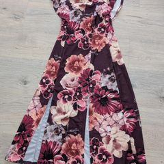 NWT Boohoo Floral Split Midi Dress Plum & Pink Size 10