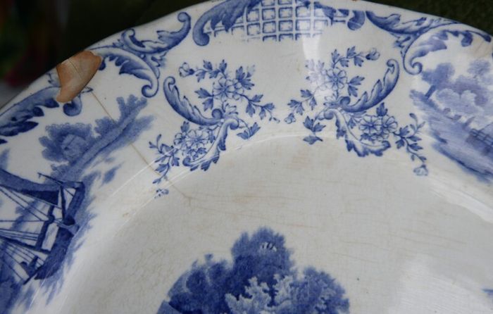 Large Antique Delft Pottery Platter,  Vintage Serving Plate in Blue and White,  Collectable China and Ceramics 16" x 11,5"