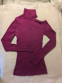 DKNY deep fuchsia turtleneck with free left shoulder detail