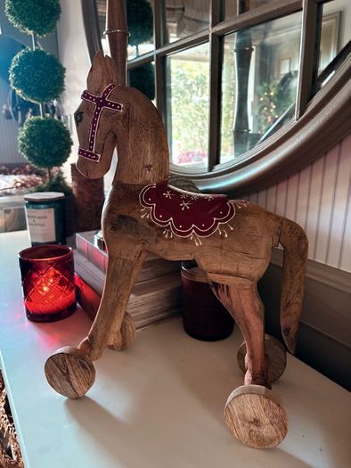 New vintage inspired 45cm high hand carved horse on wheels with washed wood finish