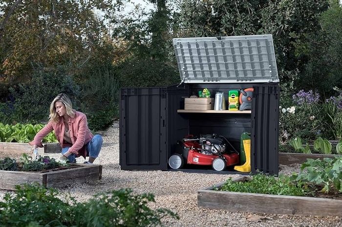 Store it Out Nova Outdoor Garden Storage Shed, 32 x 71.5 x 113.5 cm, Dark Grey with Light Grey Lid