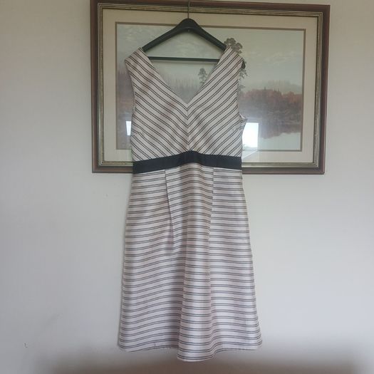 Beautiful Flattering Dress by Irish Designer Fee G, Soft Pink and Black Stripped Dress - Size 16