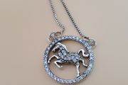 925 Sterling Silver Horse Pendant Necklace Round CZ Stone Circle Design Jewelry