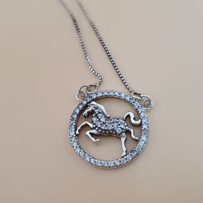 925 Sterling Silver Horse Pendant Necklace Round CZ Stone Circle Design Jewelry