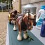 2 Vintage Wooden Carts & Ceramic Horses on Plinth Image 5