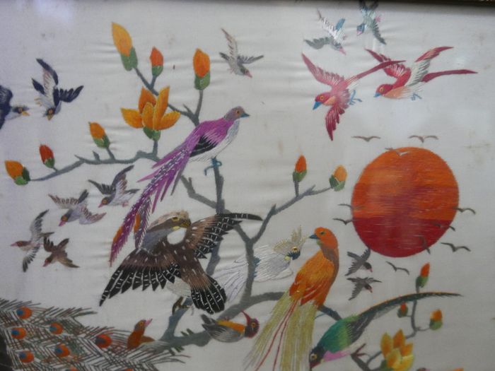 Antique Early 20c Chinese Silk Embroidery Birds Panel Framed - 23"x14"