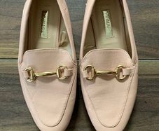 Pink slip-on loafers with gold horsebit hardware: Size 4