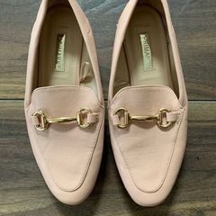 Pink slip-on loafers with gold horsebit hardware: Size 4
