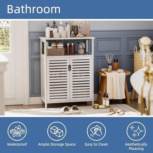 Bathroom Floor Storage Cabinet, Freestanding Bamboo Side Storage Organizer with Double Doors and Open Shelves, Space Saving Small Kitchen Cupboard, White