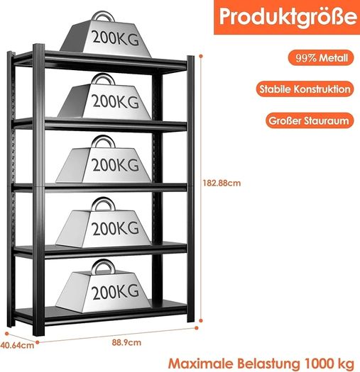Heavy Duty Metal Shelf 183x90x40 cm with 5 Adjustable Metal Shelf | Garage Shelving Units | Racking for Garage | Storage Shelf for Cellars & Workshops | Load capacity up to 1000 kg | Black