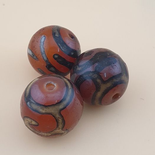Vintage Lot of 3 Etched Carnelian Agate Unique Pattern Beads Lot