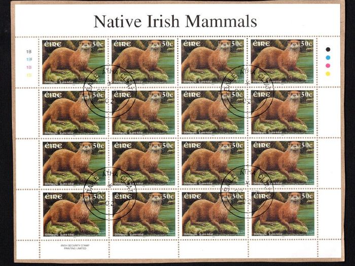 2002 Ireland Native Irish Mammals (41c Badger, 50c Otter, 57c Red Squirrel & E1 Hedgehog) Commemorative Stamp Sheetlet Fine Used with Dublin CDS cancel of 23rd April 2002 (Frist day of issued) on envelope extract.