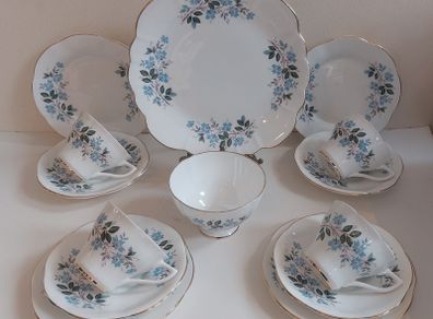 Beautiful Vintage Clare Bone China 14 Piece Teaset for Four in a Beautiful Blue Floral Pattern, Pattern Number 3045