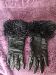 Black Faux Leather Gloves with Faux Fur Cuff Size Small