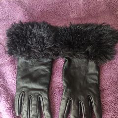 Black Faux Leather Gloves with Faux Fur Cuff Size Small